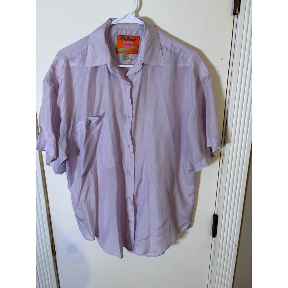 Vintage Protest Juniors Lavender 100% Silk Short Sleeve Button Down Shirt Medium